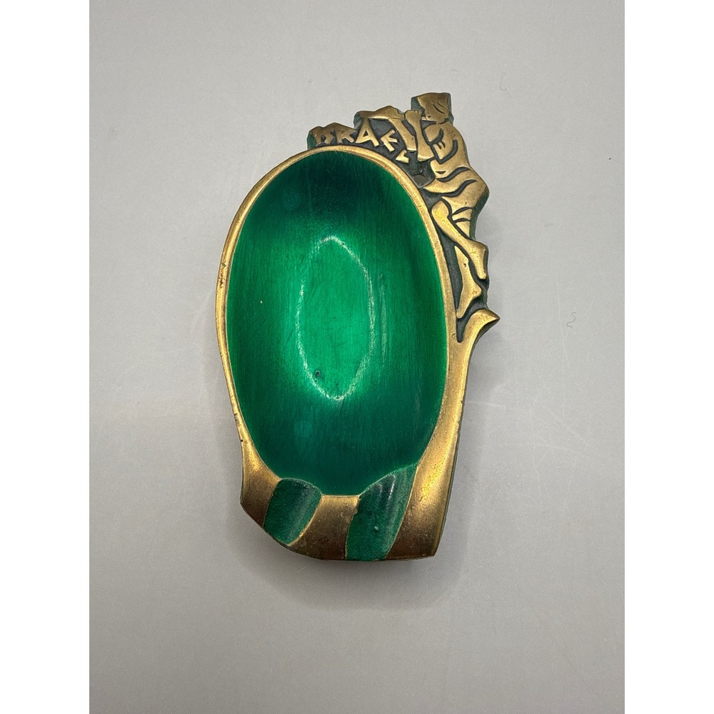 Vintage Israel Brass and Green Enamel Trinket Dish Ashtray Ornate Relief 4in - Picture 1 of 8